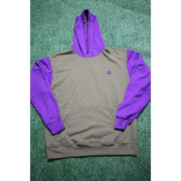 Champion Colorblock Hoodie Purple & Olive Green Men’s Size L Pullover Sweatshirt - Picture 1 of 8